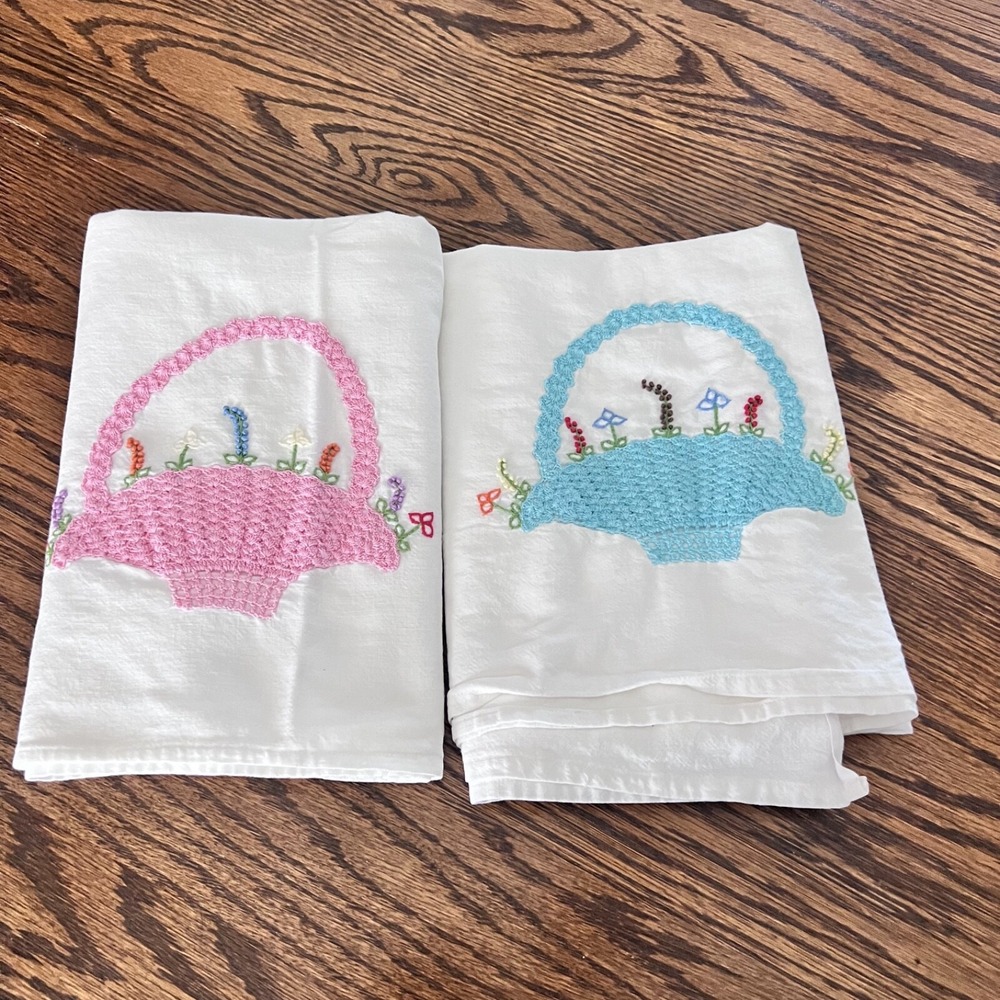 Handmade Vintage Circa 1950's Hand Embroidered Hand Towels